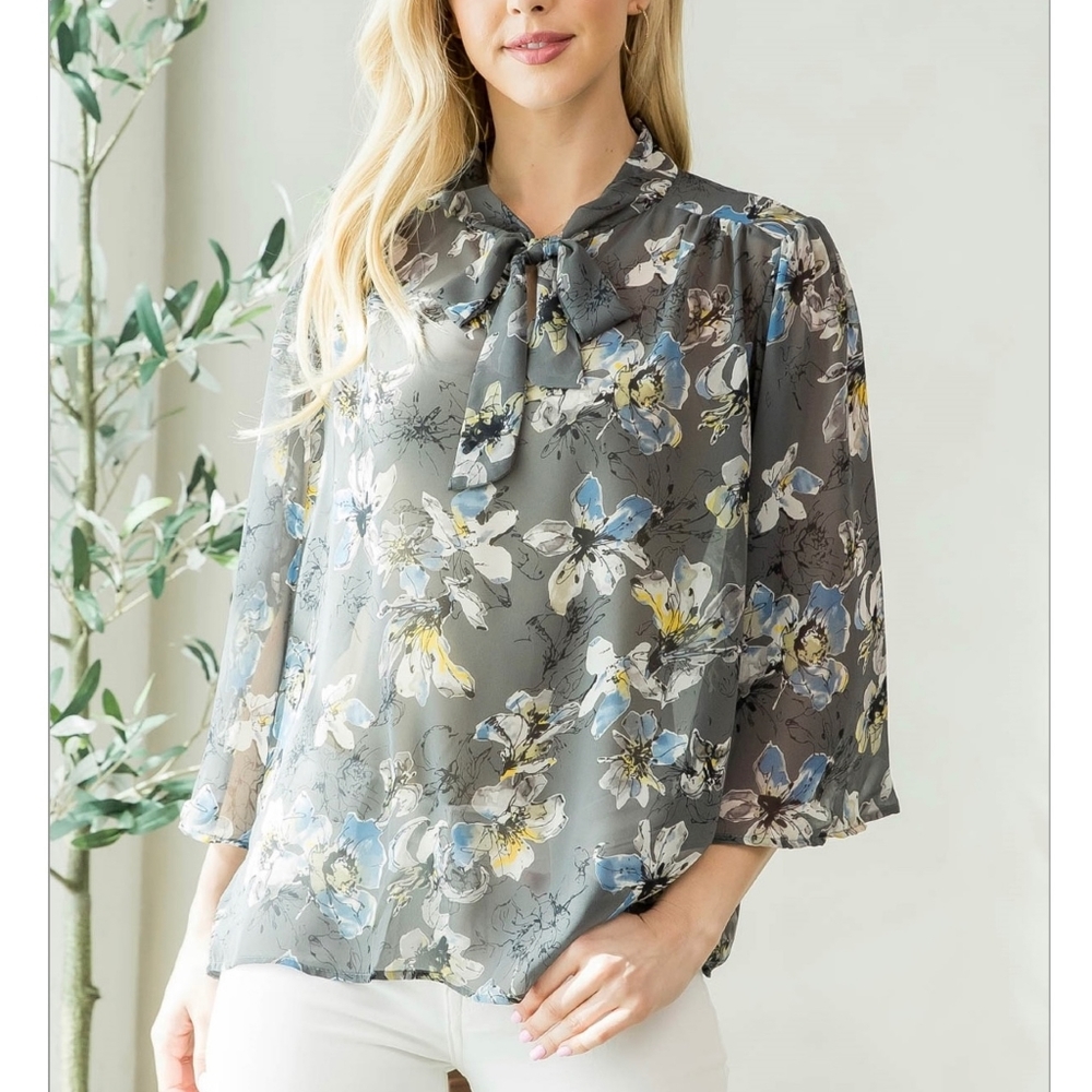 LAST 1 ! MITTOSHOP Semi Sheer Neck Bow Tie Top - Picture 3 of 8